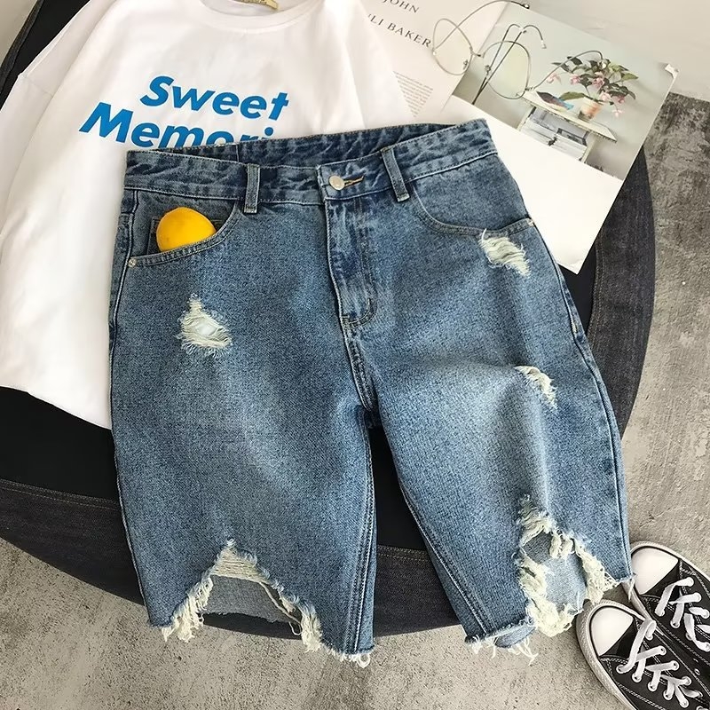 Muške ljetne traper kratke hlače, tanke, korejskog stila, s rupama, slim fit, s pet džepova