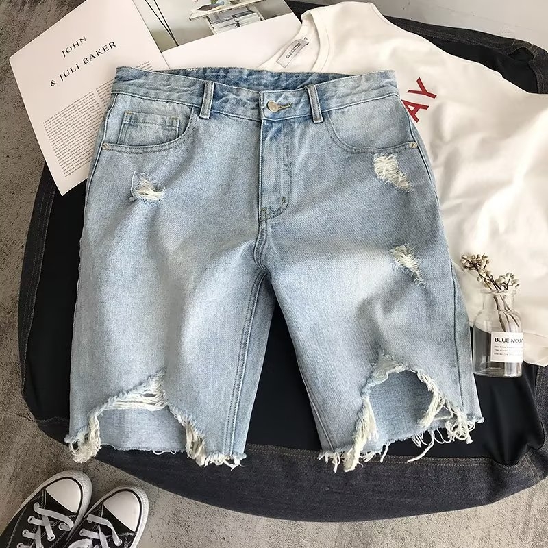 Muške ljetne traper kratke hlače, tanke, korejskog stila, s rupama, slim fit, s pet džepova