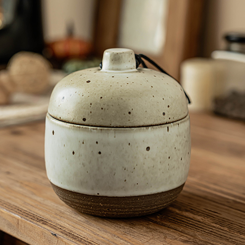Vintage keramička posuda s poklopcem, japanskog stila, za pohranu začina