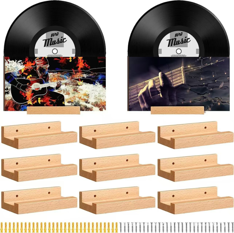 Minimalistička zidna polica od drveta za vinilne ploče, pogodna za dnevni boravak i spavaću sobu
