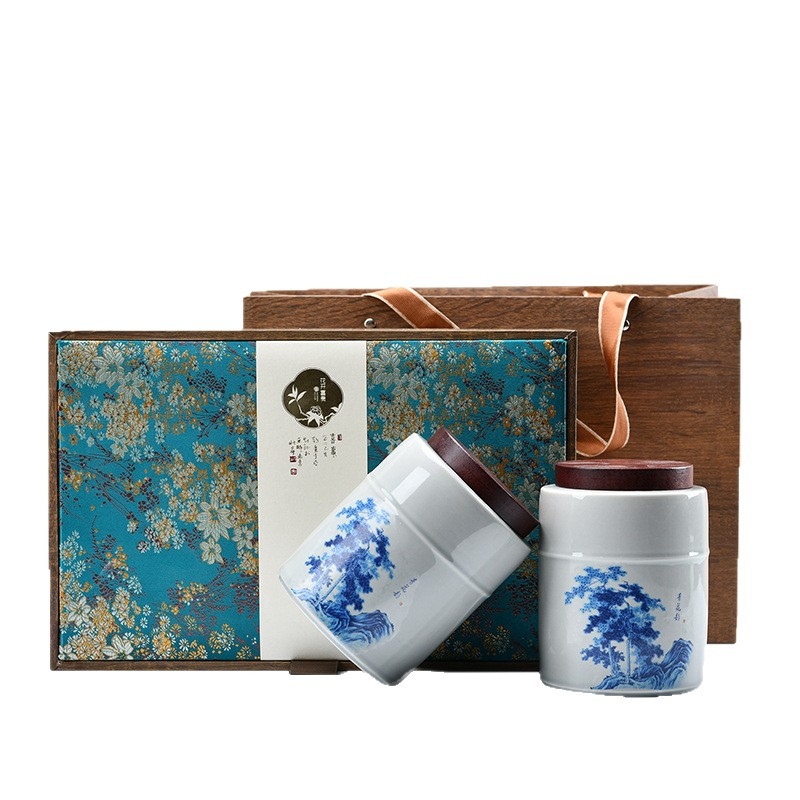 Poklon set čaja: retro kutija s poklopcem od bambusa i plavo‑bijela keramička posuda, Longjing zeleni čaj i bijeli čaj, prilagodljiv logotip