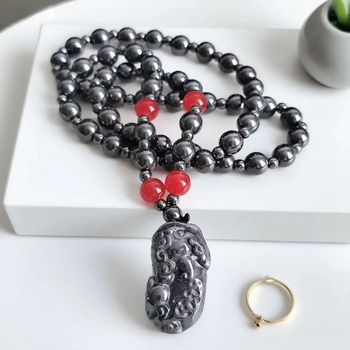 Unisex lanac s etničkim stilom, ručno izrađen od crnog gallstonea, privjesak Pixiu Buddha glava
