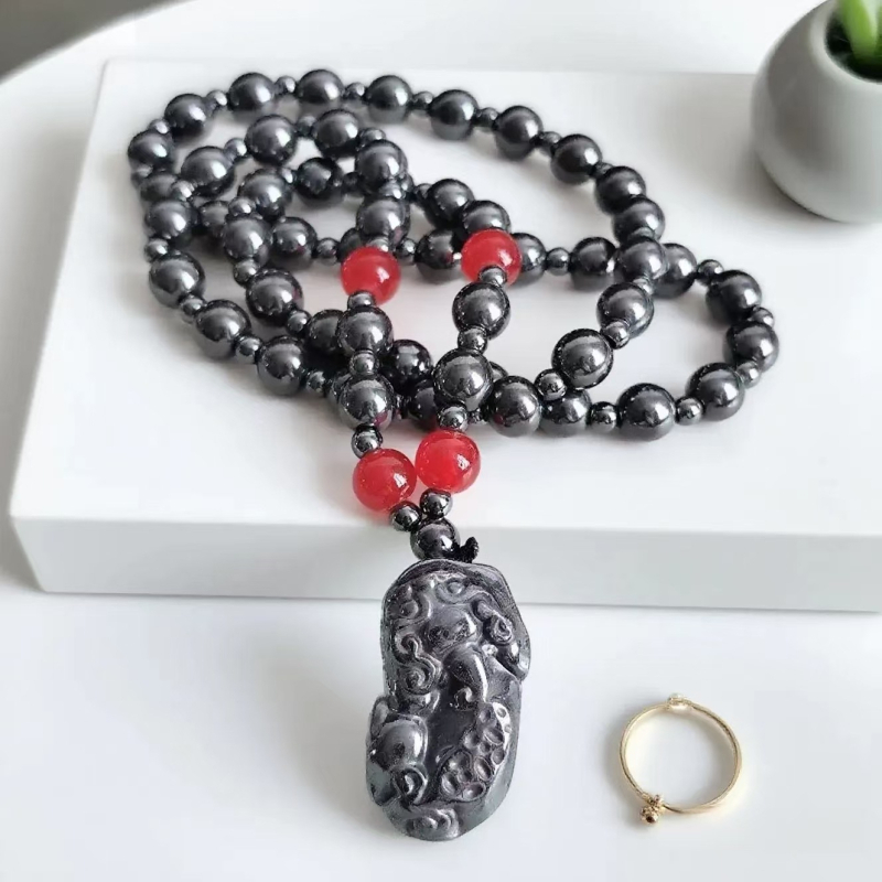 Unisex lanac s etničkim stilom, ručno izrađen od crnog gallstonea, privjesak Pixiu Buddha glava