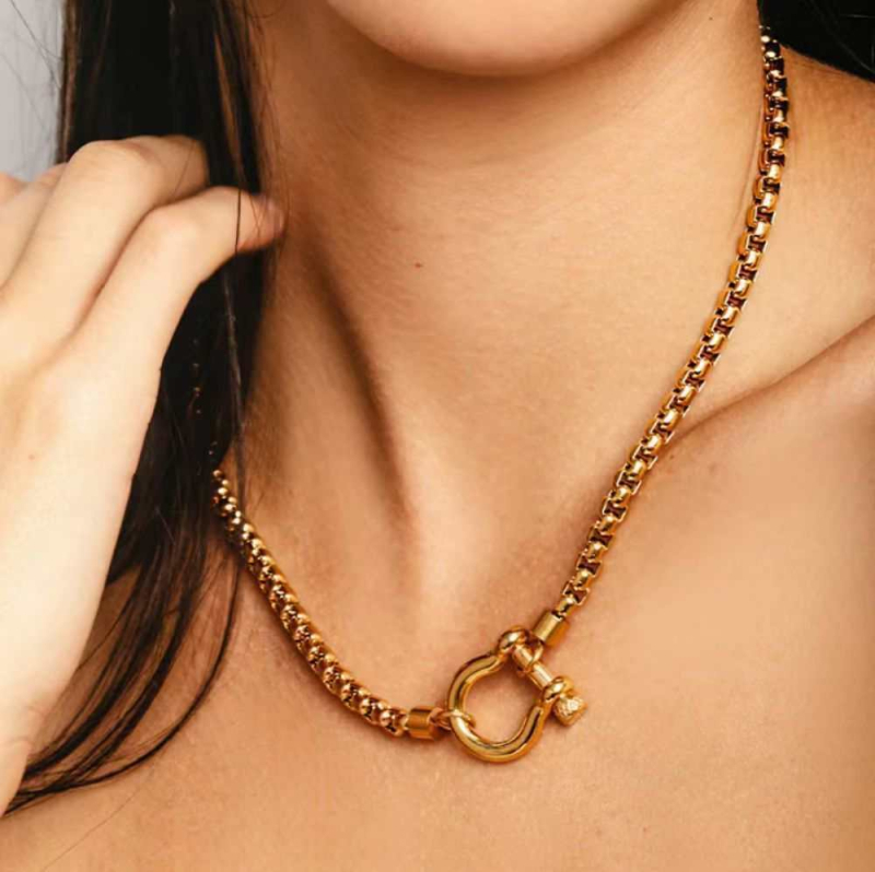INS stil ogrlice s kopčom u obliku potkove, kutija lanac od nehrđajućeg čelika pozlaćen 18K, unisex, hipoalergijski