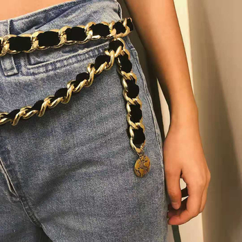Retro kaiš za struk s metalnim novčićima, višeslojnih lanaca i resica od baršuna