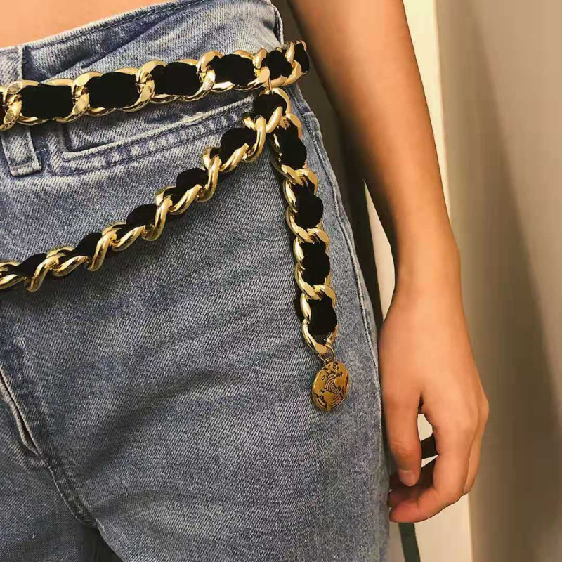 Retro kaiš za struk s metalnim novčićima, višeslojnih lanaca i resica od baršuna