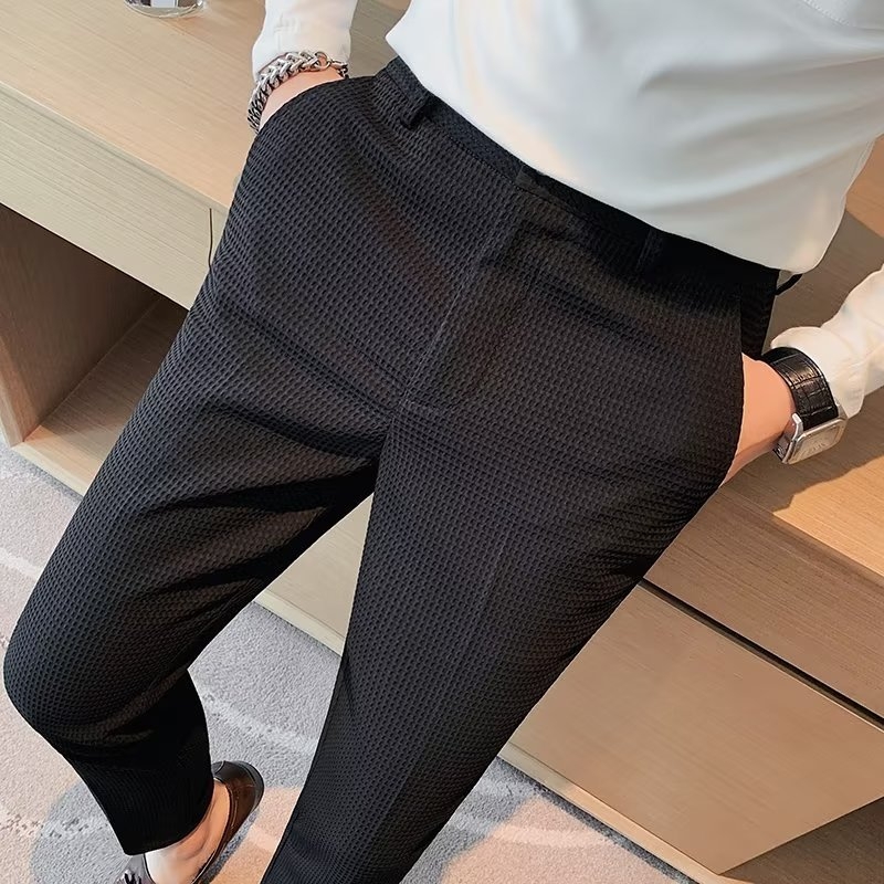 Muške hlače s teksturom wafla, casual ljetne, drapirani kroj, slim-fit