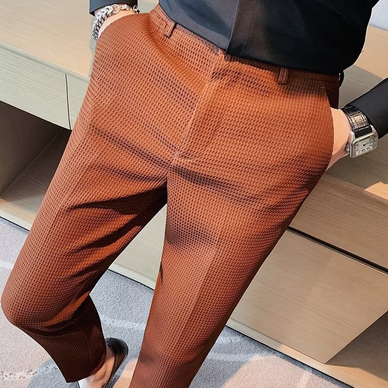 Muške hlače s teksturom wafla, casual ljetne, drapirani kroj, slim-fit