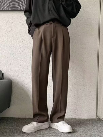 Muške hlače za sako s drapiranim krojem, uspravni kroj, pol-elastičan pojas, široke nogavice, korejski stil