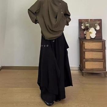 Japán stílusú szabálytalan gombos nadrág-szoknya férfiaknak, prémium érzet, széles szárú, 9/10 hossz