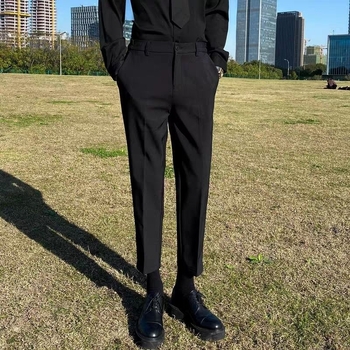 Beijiang Wolf muške cropped hlače za jesen-zimu, slim-fit straight leg, fleece-lined, casual hlače za poslovnu eleganciju s visokim drapiranjem