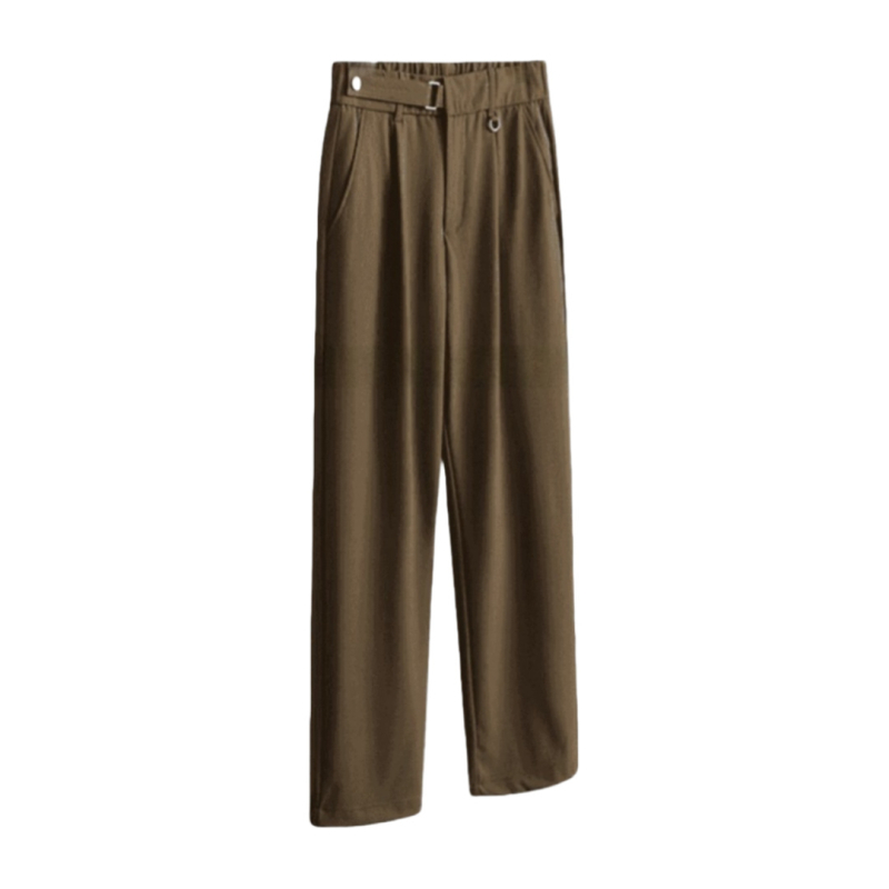 Férfi prémium, minimalist stílusú, lazább szabású, egyenes nadrág, gyűrődésmentes, drapírozott hatású anyag, derékszíj-dizájn, üzleti megjelenés.