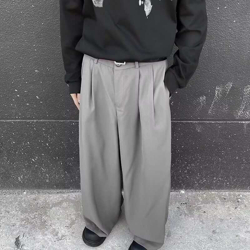 Muške drapirane hlače ravnog kroja, opuštene, luksuzne široke nogavice, japanski casual stil, duge hlače, model 2025