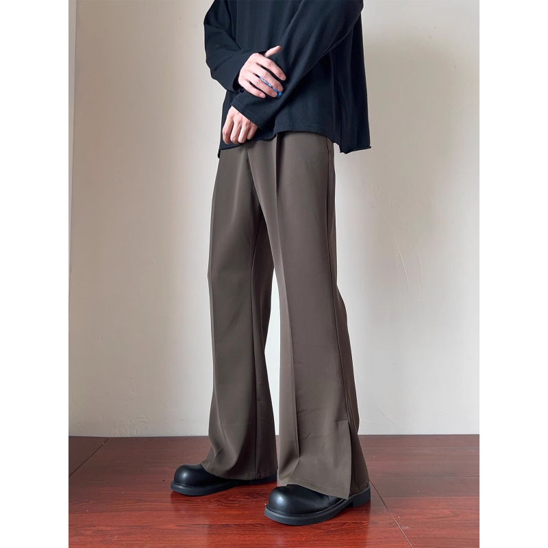 Muške casual hlače za proleće i ljeto, američki stil, ravni kroj s drapiranjem, prednji otvor, blago šire nogavice, jednofarebne, udobne dnevne hlače, korejski retro stil