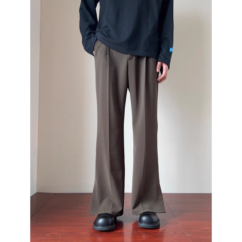 Muške casual hlače za proleće i ljeto, američki stil, ravni kroj s drapiranjem, prednji otvor, blago šire nogavice, jednofarebne, udobne dnevne hlače, korejski retro stil