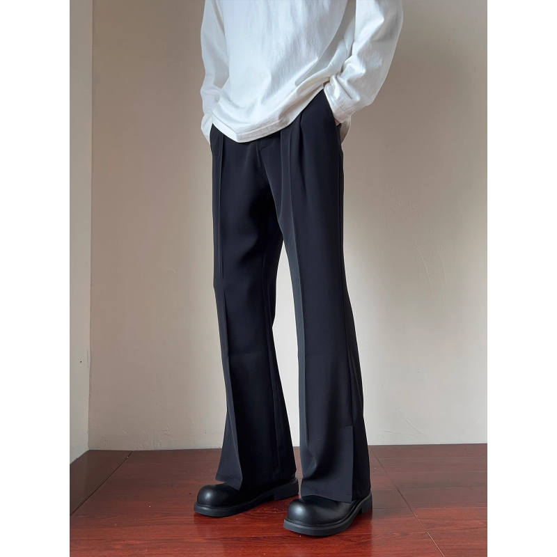 Muške casual hlače za proleće i ljeto, američki stil, ravni kroj s drapiranjem, prednji otvor, blago šire nogavice, jednofarebne, udobne dnevne hlače, korejski retro stil