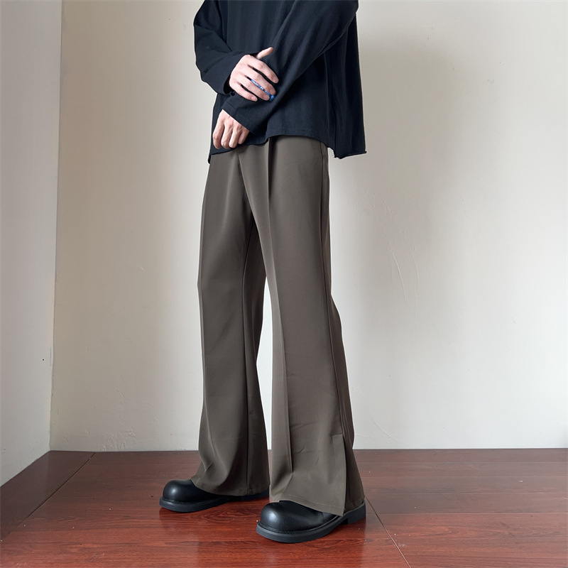 Muške casual hlače za proleće i ljeto, američki stil, ravni kroj s drapiranjem, prednji otvor, blago šire nogavice, jednofarebne, udobne dnevne hlače, korejski retro stil