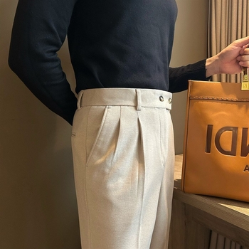 Férfi vastag gyapjú nadrág 2024 ősz-télre: karcsú szabásvonal, egyenes szár, üzleti stílusú magas derekú nadrág
