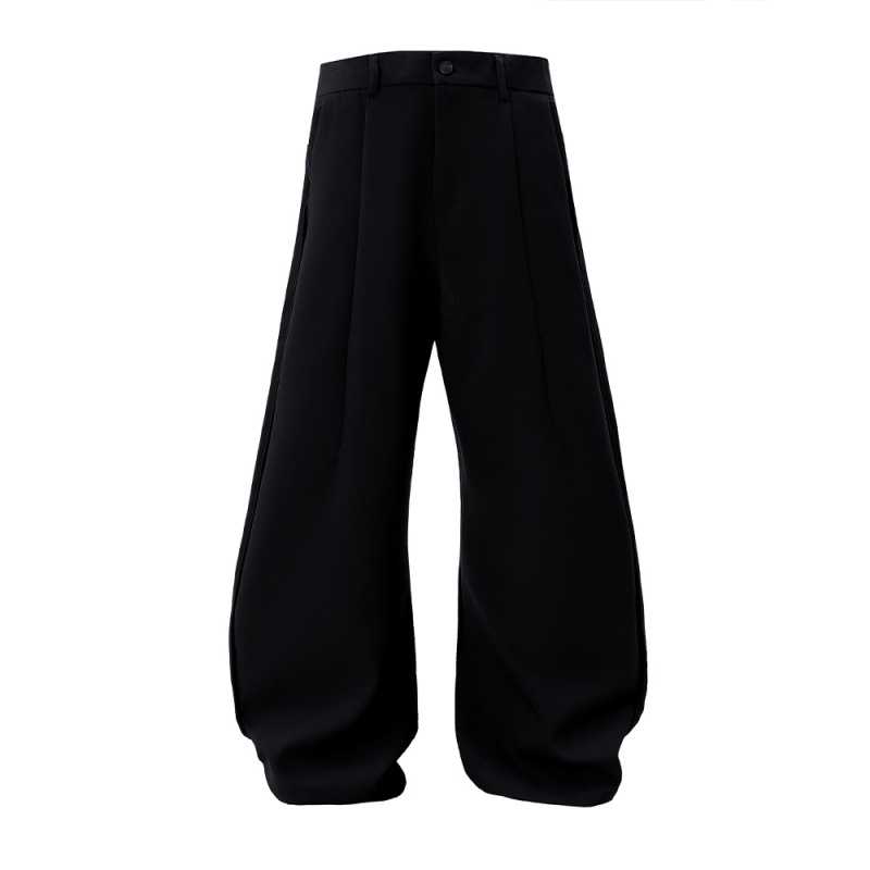 Pantalone u korejskom stilu s plisiranjem i drapiranom tkaninom, opuštenog ravnog kroja, duge crne hlače za muškarce