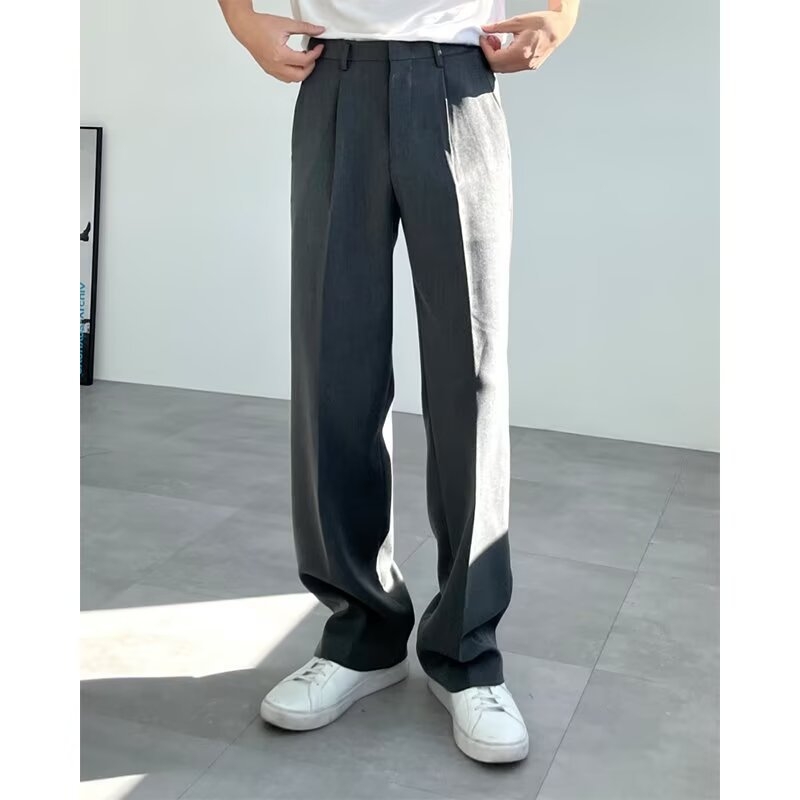 Férfi nyári drapírozott nadrág, egyenes szabású, laza eleganciához, koreai stílus