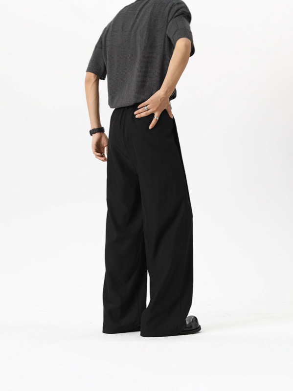 Muške ljetne crne hlače od ice silk, ravnog kroja s širokim nogavicama, casual stil, dojam luksuza
