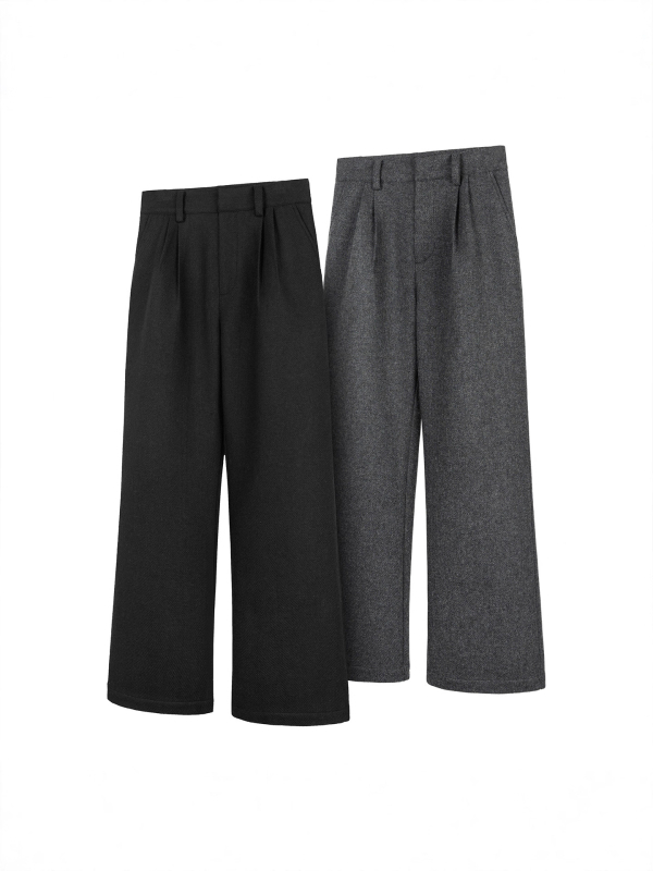 Őszi–téli minimalist fekete nadrág férfiaknak, dupla plisével, széles szárú, egyenes szabású, mindennapi viselet.