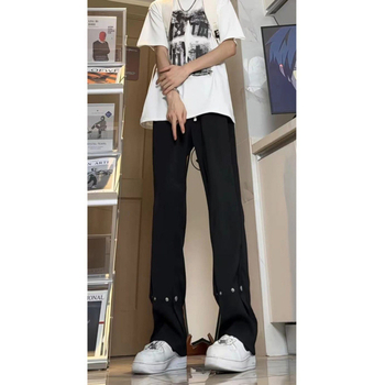 Fekete Ice Silk nadrág férfiaknak, slim straight, hosszú, övvel