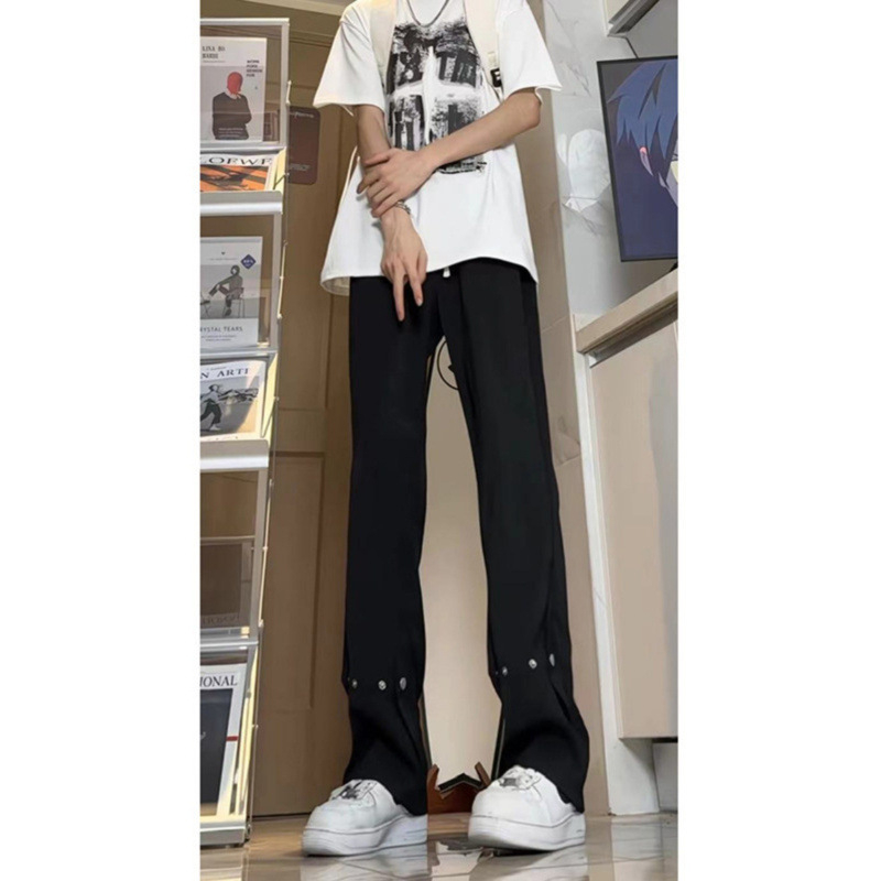 Fekete Ice Silk nadrág férfiaknak, slim straight, hosszú, övvel
