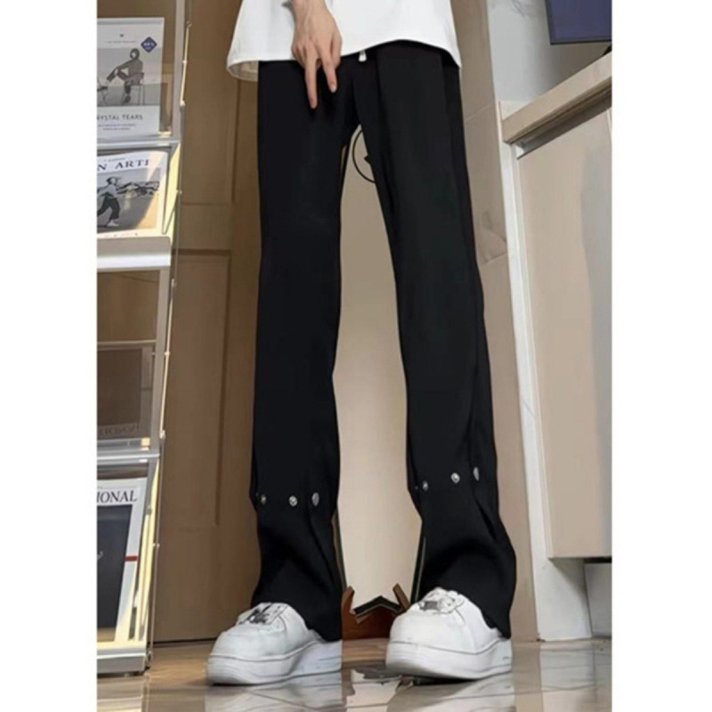 Fekete Ice Silk nadrág férfiaknak, slim straight, hosszú, övvel