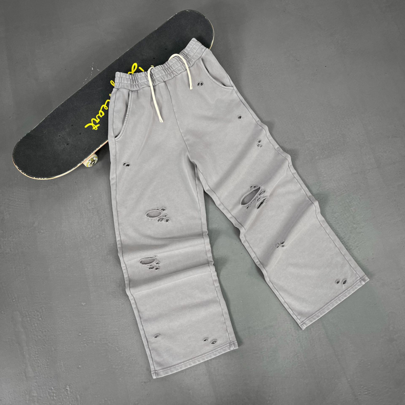 2026 muške trenirke hlače s distressed snowflake uzorkom, vintage stil, ravne široke nogavice, 100% pamuk, dugačke