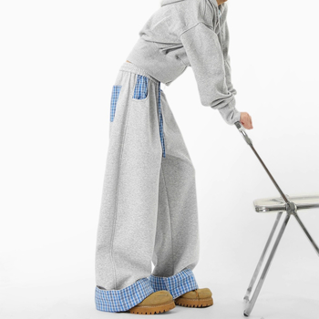 Američke retro sweatpants s blok boja kariranog uzorka, unisex, jesen, opušten kroj, široke nogavice, svakodnevne hlače