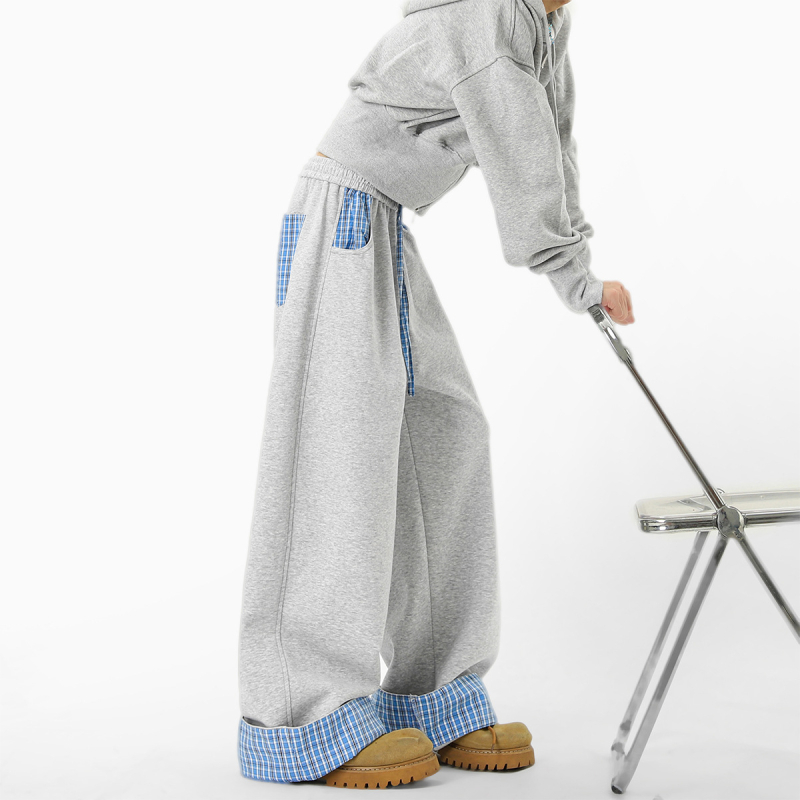 Američke retro sweatpants s blok boja kariranog uzorka, unisex, jesen, opušten kroj, široke nogavice, svakodnevne hlače