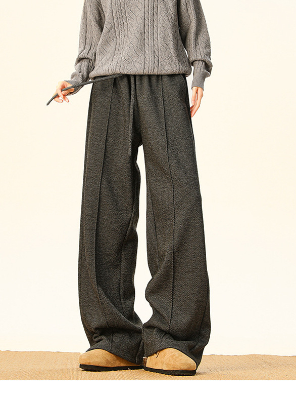 Amerikai retro old-money stílusú kávébarna férfi casual nadrág, fleece bélés, téli, herringbone mintázat, laza szabású, egyenes szárú