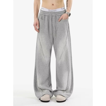 Férfi fleece-béléssel bélelt széles lábú, laza sportnadrág, magas derekú, egyenes szabású, kötőzáras, egyszínű, mind a négy évszakra