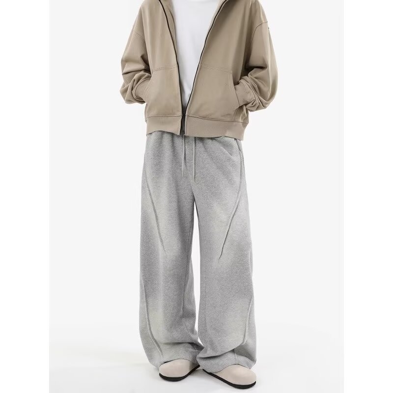 Férfi fleece-béléssel bélelt széles lábú, laza sportnadrág, magas derekú, egyenes szabású, kötőzáras, egyszínű, mind a négy évszakra