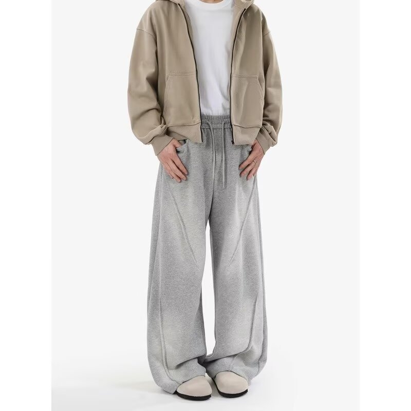 Férfi fleece-béléssel bélelt széles lábú, laza sportnadrág, magas derekú, egyenes szabású, kötőzáras, egyszínű, mind a négy évszakra