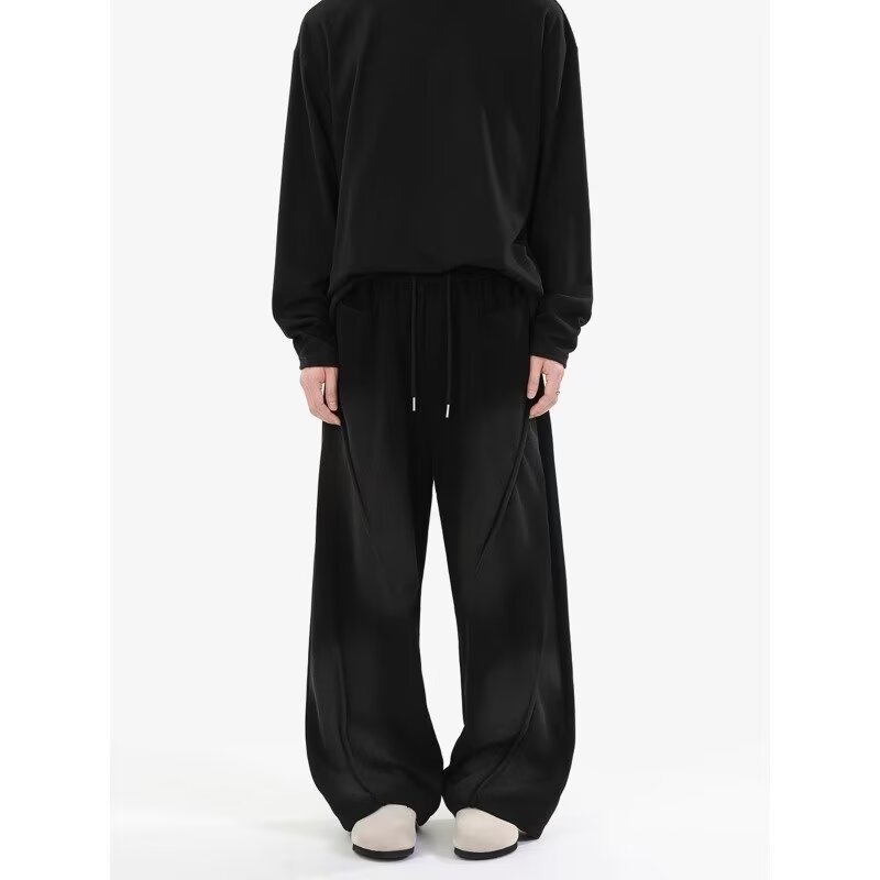 Férfi fleece-béléssel bélelt széles lábú, laza sportnadrág, magas derekú, egyenes szabású, kötőzáras, egyszínű, mind a négy évszakra
