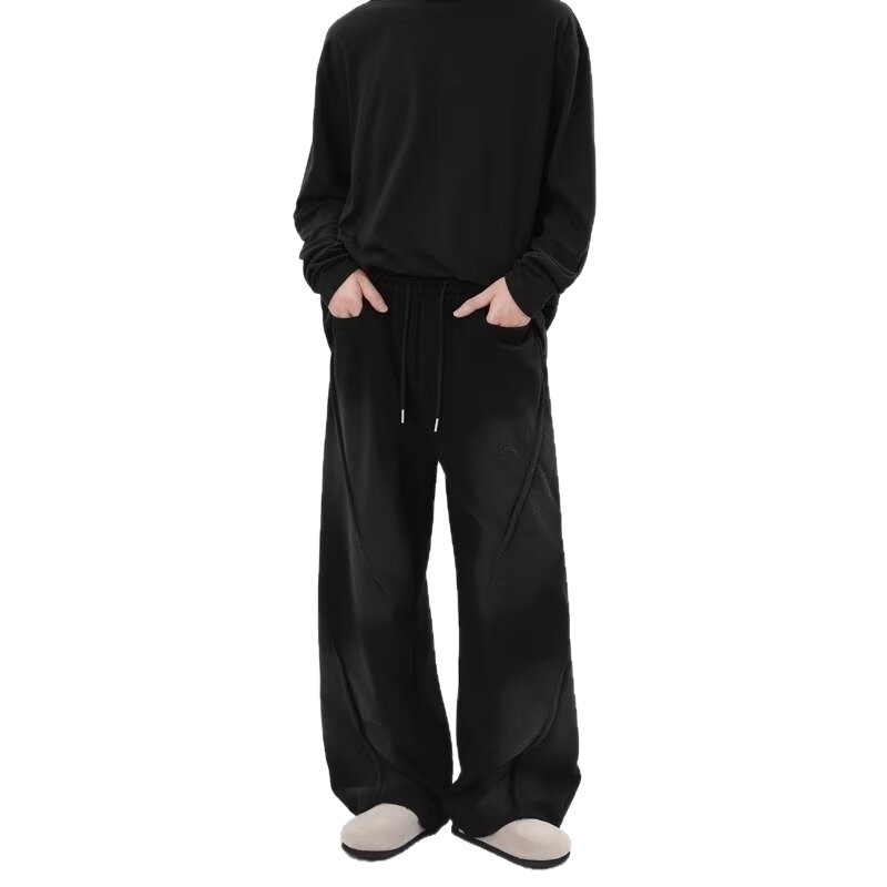 Férfi fleece-béléssel bélelt széles lábú, laza sportnadrág, magas derekú, egyenes szabású, kötőzáras, egyszínű, mind a négy évszakra