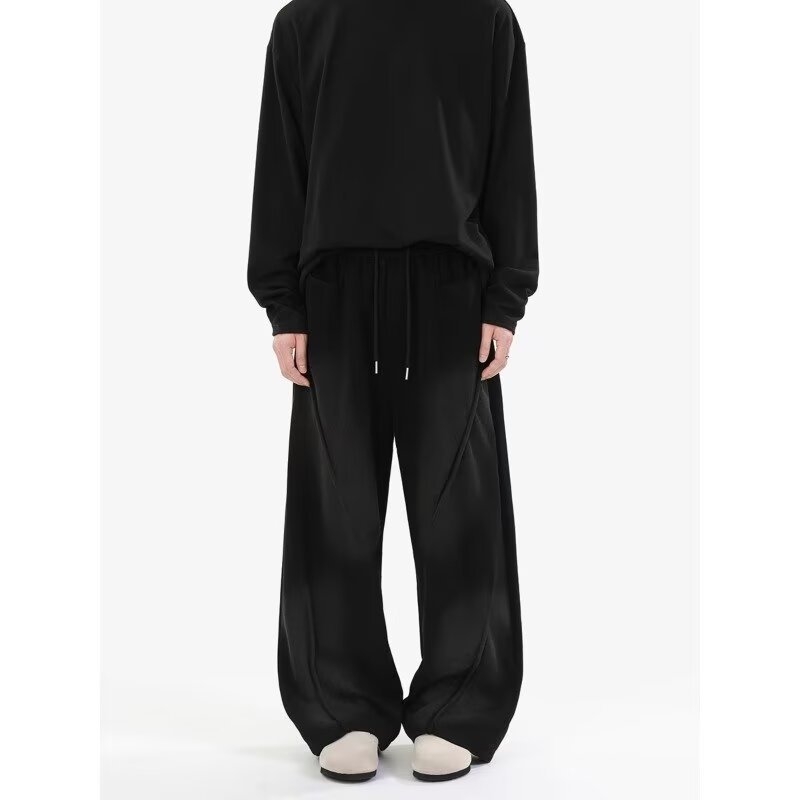 Férfi fleece-béléssel bélelt széles lábú, laza sportnadrág, magas derekú, egyenes szabású, kötőzáras, egyszínű, mind a négy évszakra