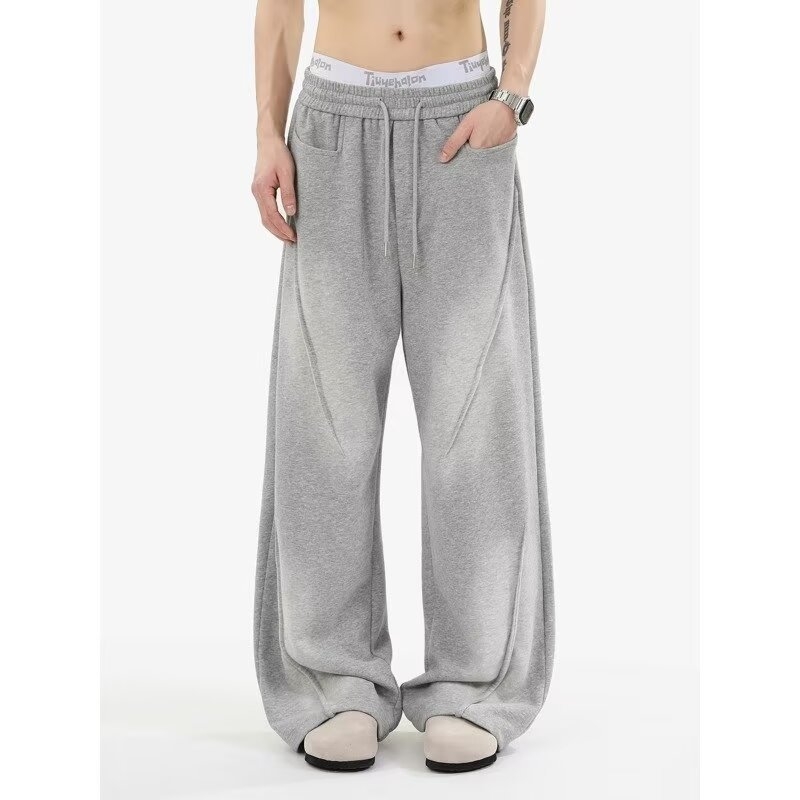 Férfi fleece-béléssel bélelt széles lábú, laza sportnadrág, magas derekú, egyenes szabású, kötőzáras, egyszínű, mind a négy évszakra