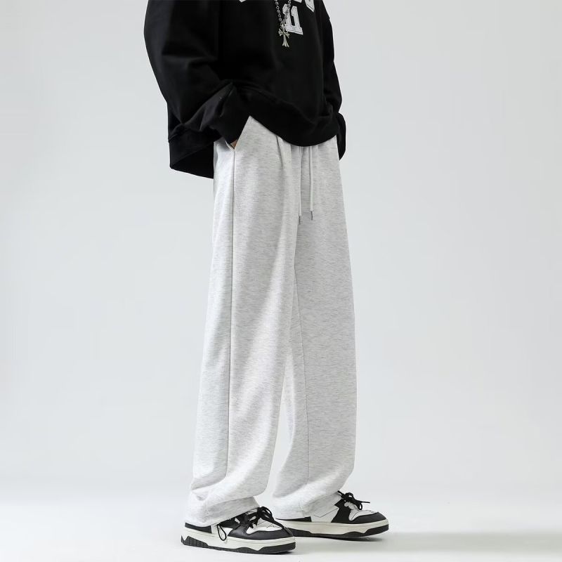 Férfi fleece-béléssel ellátott nehéz szürke sportnadrág, lazán szabott egyenes szabás, mindennapi kényelem