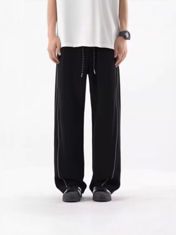 Férfi fleece-bevonatú, fényvisszaverő csíkos casual nadrág, széles és egyenes szabású