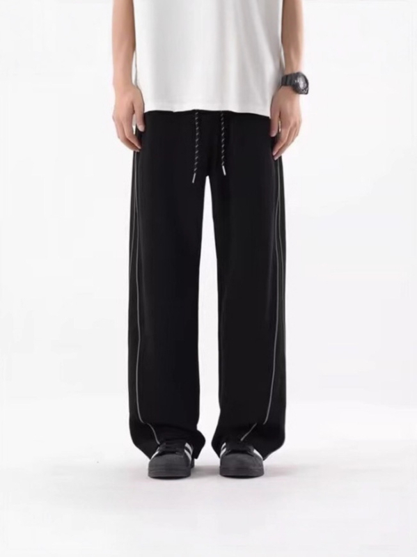 Férfi fleece-bevonatú, fényvisszaverő csíkos casual nadrág, széles és egyenes szabású