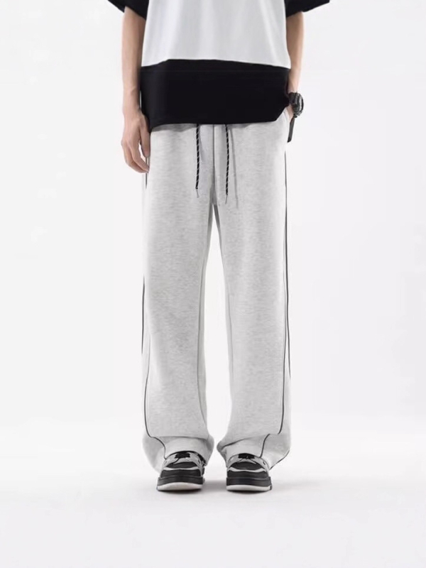 Férfi fleece-bevonatú, fényvisszaverő csíkos casual nadrág, széles és egyenes szabású