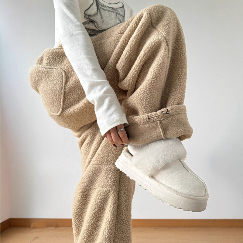 Férfiaknak szóló dupla oldalú fleece-béléses széles lábú nadrág, téli 2025, vastag, laza szabású, egyenes szárú