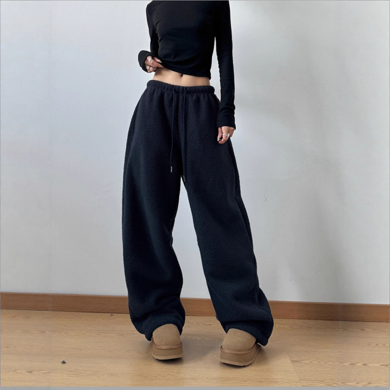 Férfiaknak szóló dupla oldalú fleece-béléses széles lábú nadrág, téli 2025, vastag, laza szabású, egyenes szárú