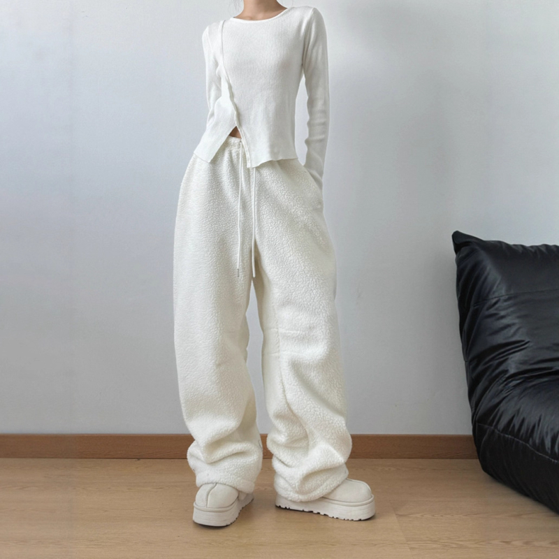 Férfiaknak szóló dupla oldalú fleece-béléses széles lábú nadrág, téli 2025, vastag, laza szabású, egyenes szárú