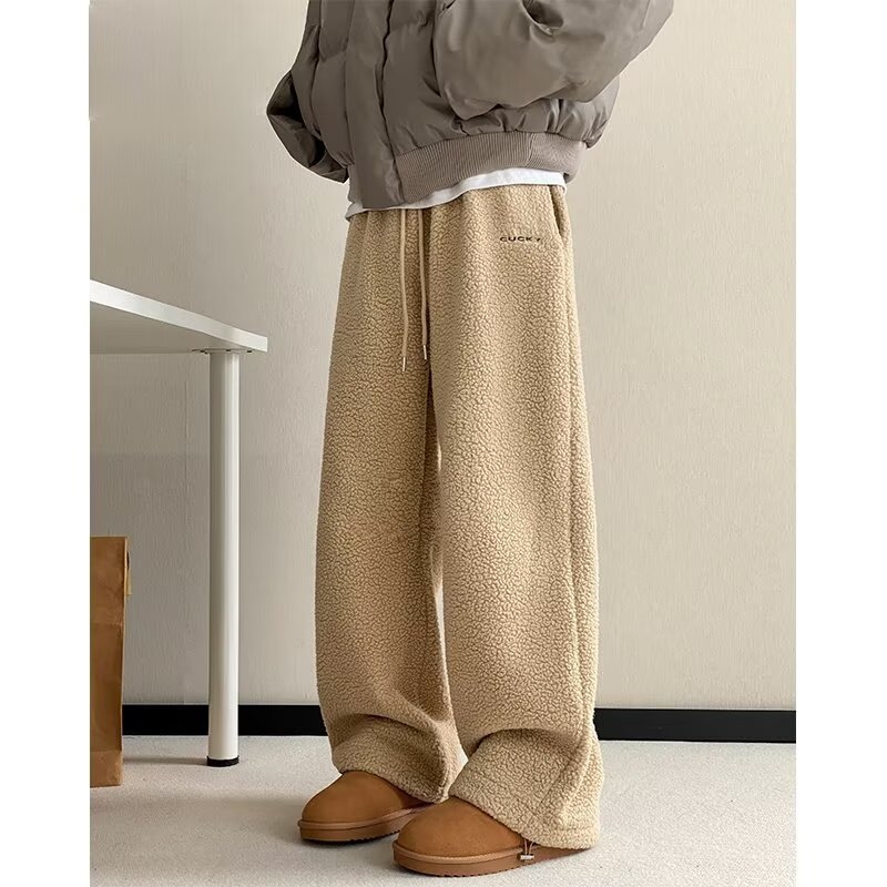 Férfiaknak szóló dupla oldalú fleece-béléses széles lábú nadrág, téli 2025, vastag, laza szabású, egyenes szárú