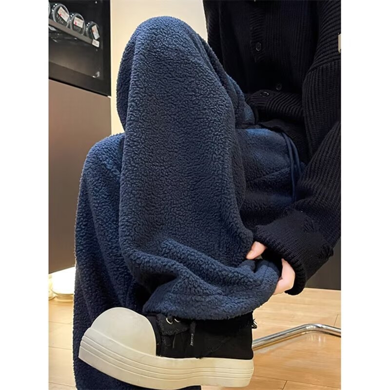 Férfiaknak szóló dupla oldalú fleece-béléses széles lábú nadrág, téli 2025, vastag, laza szabású, egyenes szárú
