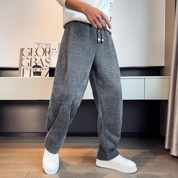 Férfi fleece-béléssel bélelt sportnadrág, egyenes szabású, téli, hétköznapi viselet